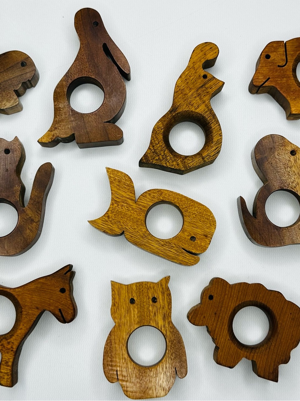 Vintage Hand Carved Wood Animal Napkin Rings Set of 13 MCM Folk Art